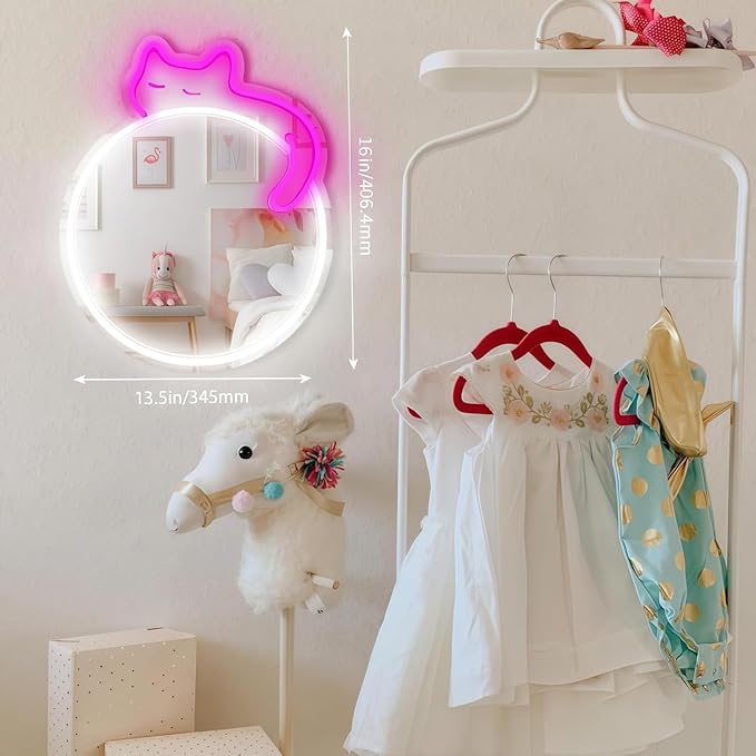 LED Mirror Neon Lights Light Up Dressing Mirror Cat/Shine Heart/Bat/Butterfly Shape Neon Mirror Sign for Modern Home Girl Room Bathroom Salon Wall Art Decor Gift For Girlfriend USB Powered