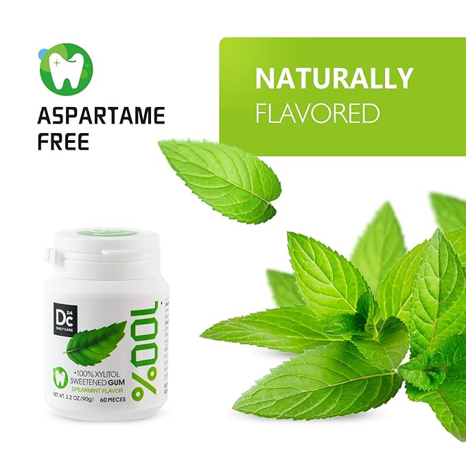 DC24 DAILY CARE 100% Xylitol Gum, No Aspartame, Sugar Free Chewing Gum, Natural Spearmint Flavor, Gluten Free, Vegan, 60 Pieces, Pack of 1
