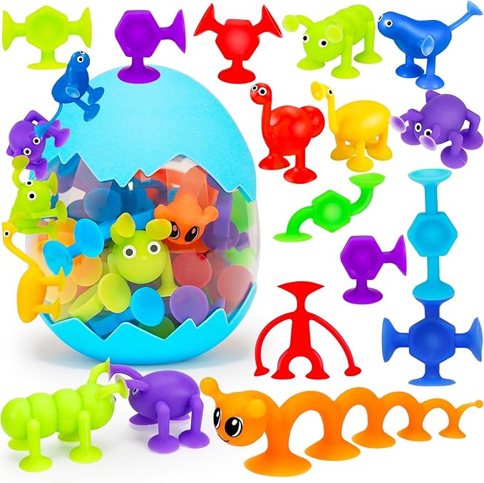 32 PCS Toddler Suction Cup Bath Toys Kids Bath Toy Birthday Party Favor Goody Bag Stuffer Carnival Bulk Prize Filler for Boys Girls Fidget Window Water Table Toy with Eggshell Storage