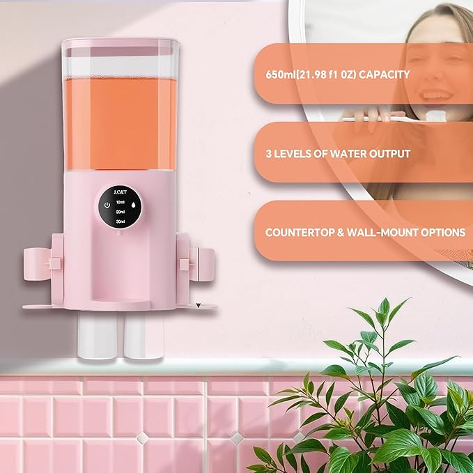 J.C&T Automatic Mouthwash Dispenser for Bathroom,22 FlOz Dispensers with Magnetic Cups,Toothbrush Holders Wall Mounted Adjustable Dispensing Levels,Suitable for All Age Groups,Pink