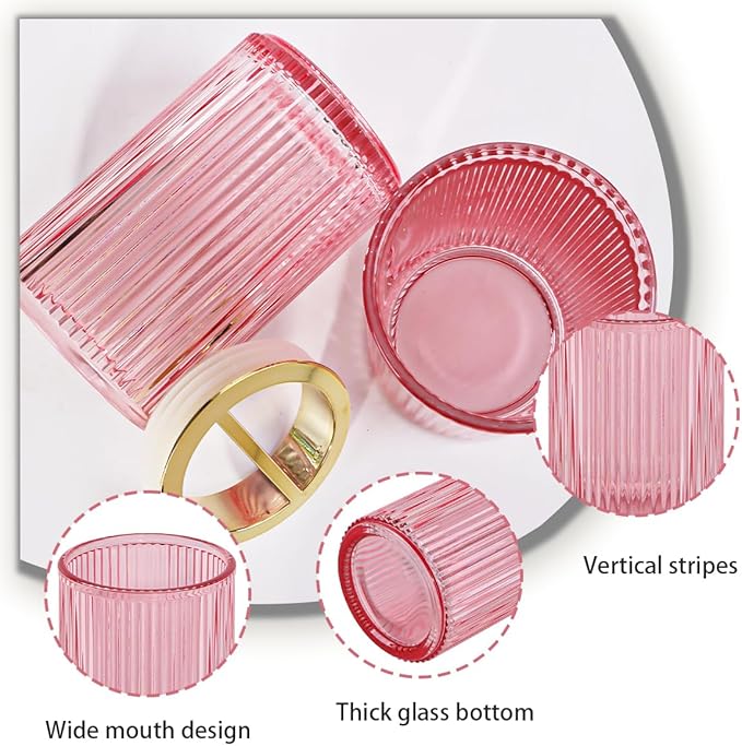 Pink Toothbrush Holders for Bathrooms, 2pcs Glass Toothbrush Holder, 12oz Gold Bathroom Tumbler Cup and Mouthwash Cup, Tooth Brush Cups and Toothpaste Organizer for Bathroom Countertop Decor