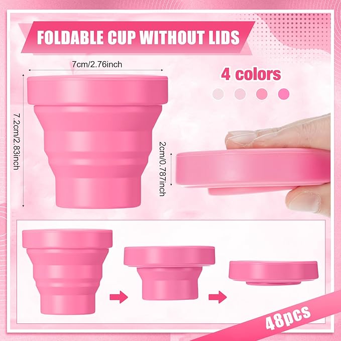 48 Pcs Silicone Collapsible Travel Cup Reusable Foldable Camping Cup Portable Expandable Drinking Mug for Traveling Outdoor Hiking (Pink Color)