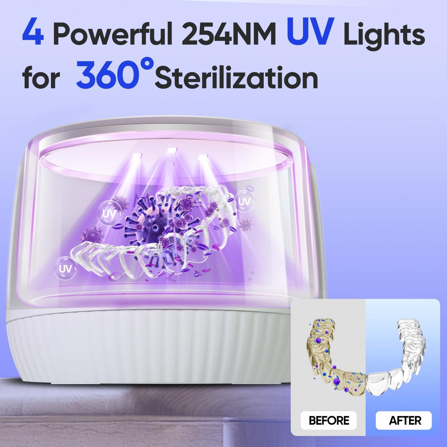 MySmile Ultrasonic Retainer Cleaner- 45kHz Denture Cleaner Machine with 200ML Capacity for Aligner, Mouth Guard, Braces, Portable Dental Cleaning Pod with 2 Mode Digital Timer for Home, Travel (WHITE)