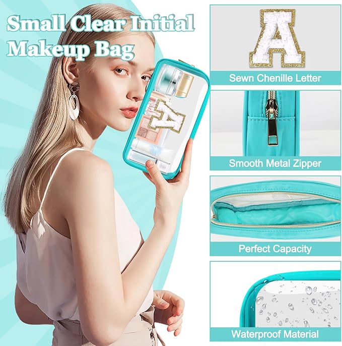 Small Clear Personalized Initial Makeup Bag,Nylon Preppy A-Z Chenille Letter Patch Cosmetic Pouch Beach Toiletry Bag,Waterproof Zipper Travel Purse Storage Bag Organizer for Women Girls(Cyan-White A)