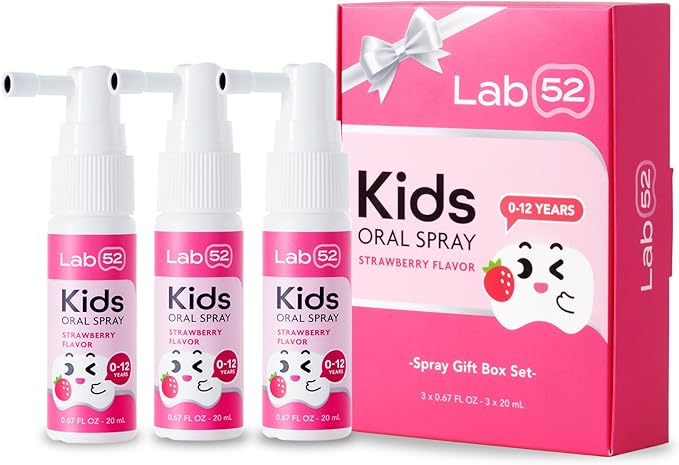 LAB52 Kids Oral Spray Gift Box, Toddler Toothpaste Helper for Daily Oral Care and Fresh Breath, Children Approved with Fluoride Free for Newborn to Preschoolers, Xylitol Strawberry Flavor (3 Packs)
