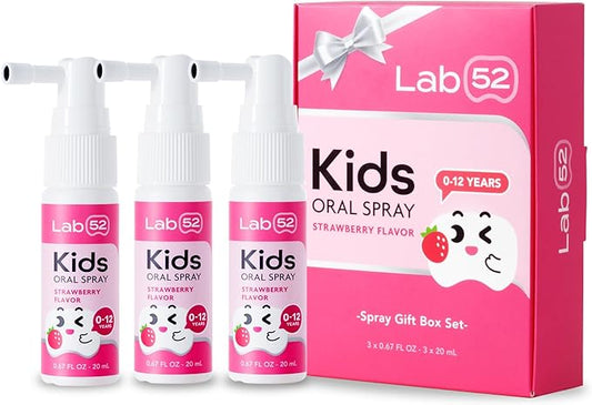 LAB52 Kids Oral Spray Gift Box, Toddler Toothpaste Helper for Daily Oral Care and Fresh Breath, Children Approved with Fluoride Free for Newborn to Preschoolers, Xylitol Strawberry Flavor (3 Packs)