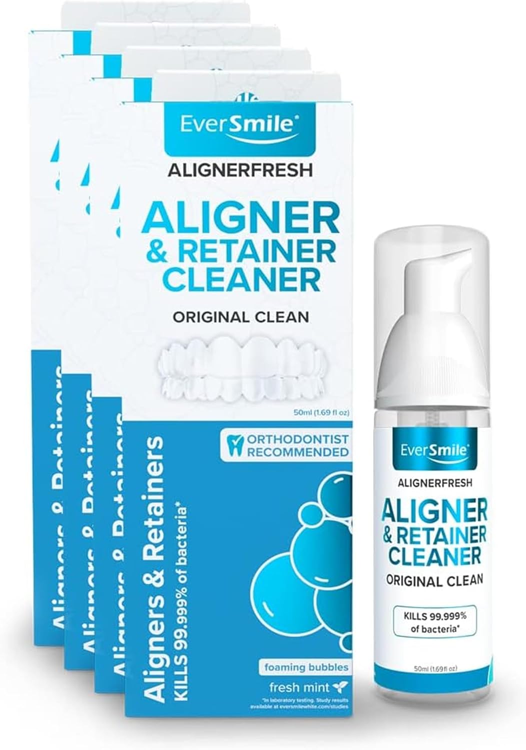 EverSmile AlignerFresh Original Clean Foam – Cleaner Compatible w/Invisalign and All Clear Aligners & Retainers – Eliminates Bacteria, Whitens Teeth, Fights Bad Breath – 50ml (4 Pack)
