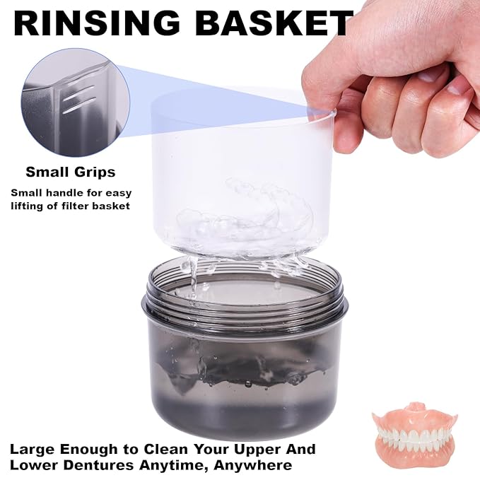 Denture Case, Leak Proof Denture Bath Cup for Travel, Denture Container Cups for Soaking Full & Partial Dentures, Retainers, Denture Cleaning Kit Holder Box with Denture Cleaner Brush-Transparent Grey