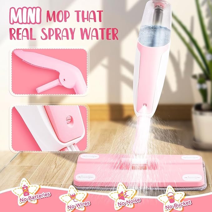 Pink Mini Spray Mop for Toddler-Girls Montessori Cleaning Toy That Real Spray Water,Pretend Playhouse Essentials for Girls Ages 3-8,Toddler Educational Housekeeping Set