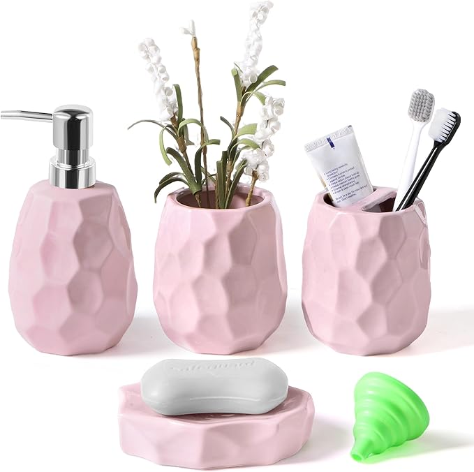 Ceramic Bathroom Accessories Set 4 PCS,Bathroom Toothbrush Holder Set,Soap and Toothbrush Holder Set,Include Toothbrush Holder,Soap Dispenser,Tumbler,Soap Dish,Bathroom Sets Decor Organizer (Pink)