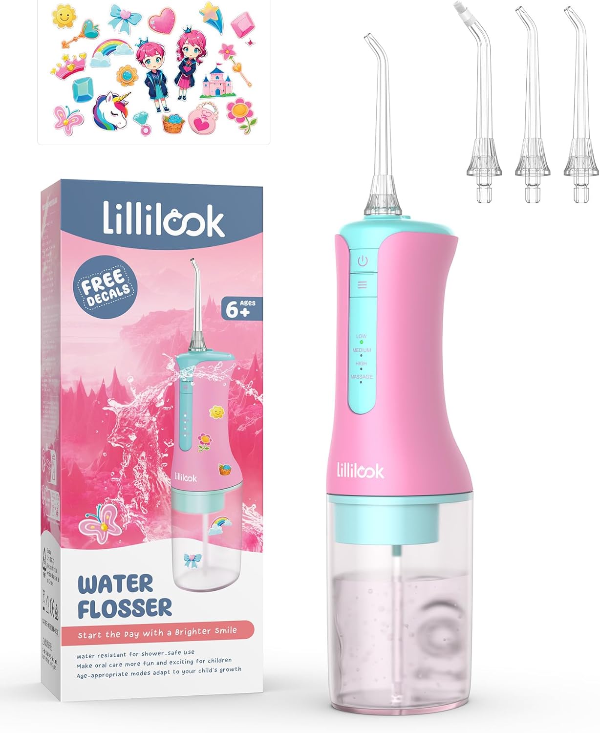 Kids Water Flosser Pink, Rechargeable Oral Irrigator for Kids Aged 6+, 4 Modes, 3 Jet Tips, Fun Stickers, Safe and Gentle Oral Care