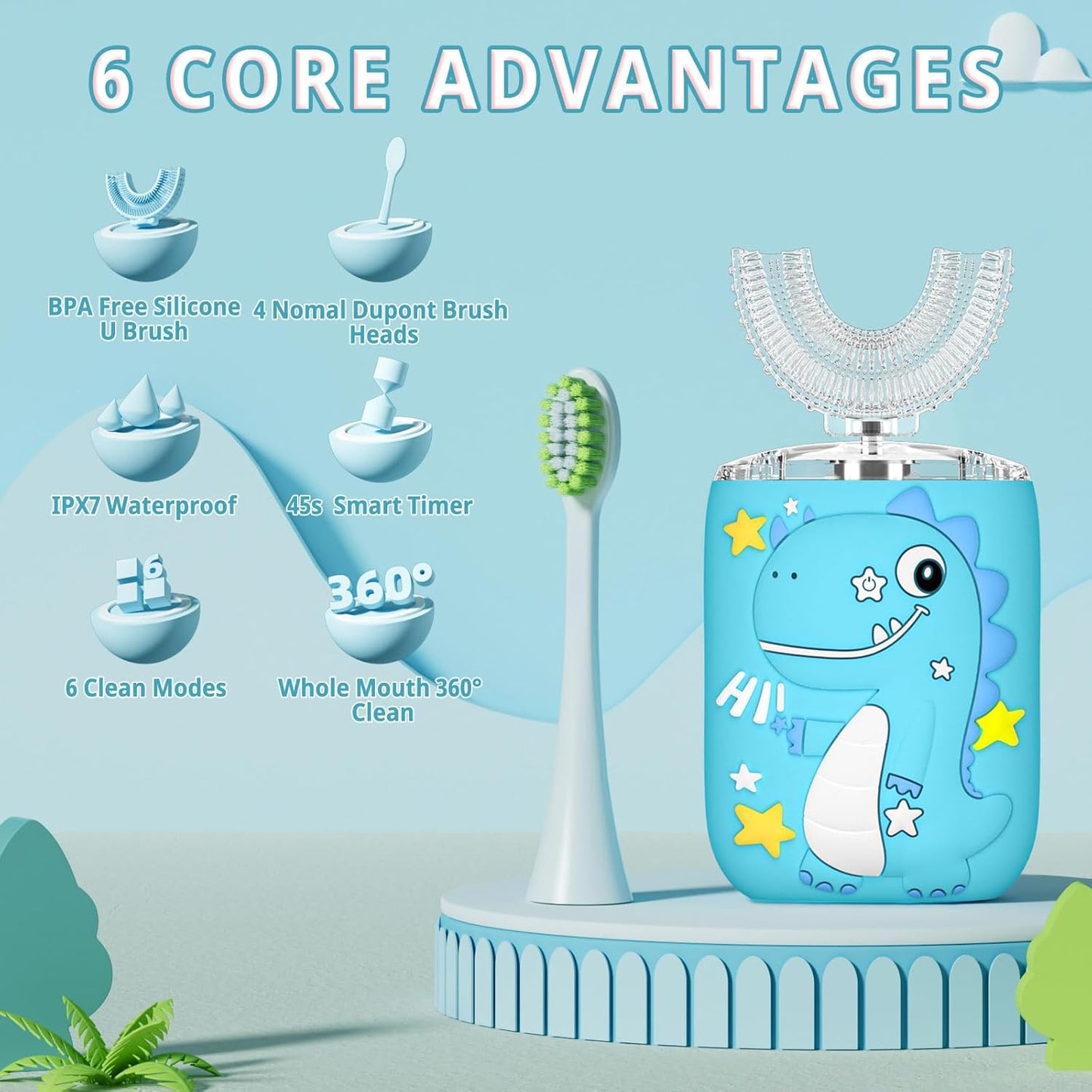 Kids Electric U Shaped Toothbrush,Kids Sonic Full Mouth Toothbrush with 4 Soft Brush Head Automatic 6 Cleaning Modes IPX7 Waterproof 360 Degree Cleaning - Age2-7 Watermelon Blue