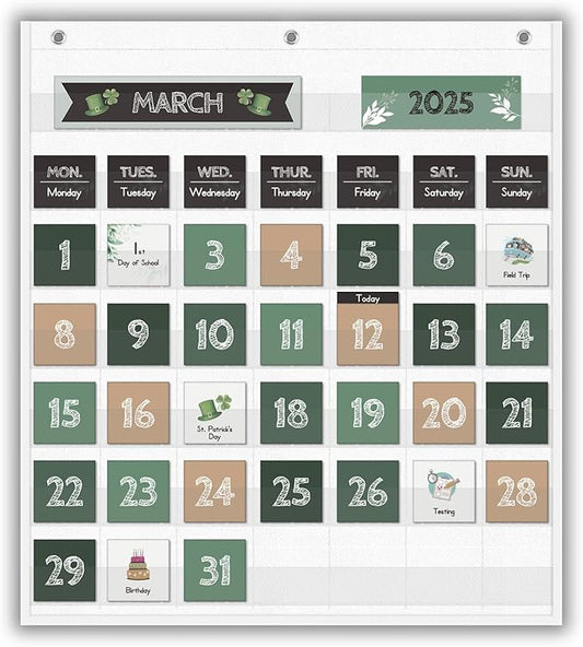 Eamay Boho Greenery Calendar Pocket Chart with 82 Cards for Kids Learning,Classroom and Home School Décor