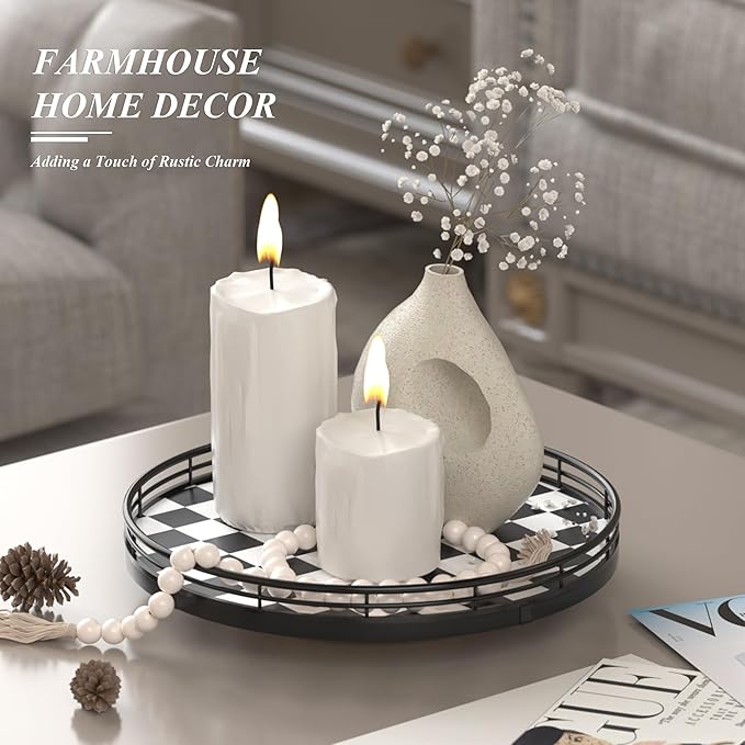 Black and White Kitchen Lazy Susan Turntable – Checkered Round Decorative Tray, 10” Table Top Oak Wood Lazy Susan for Cookies, Dining Table Organizer, Small Kitchen Table Centerpiece