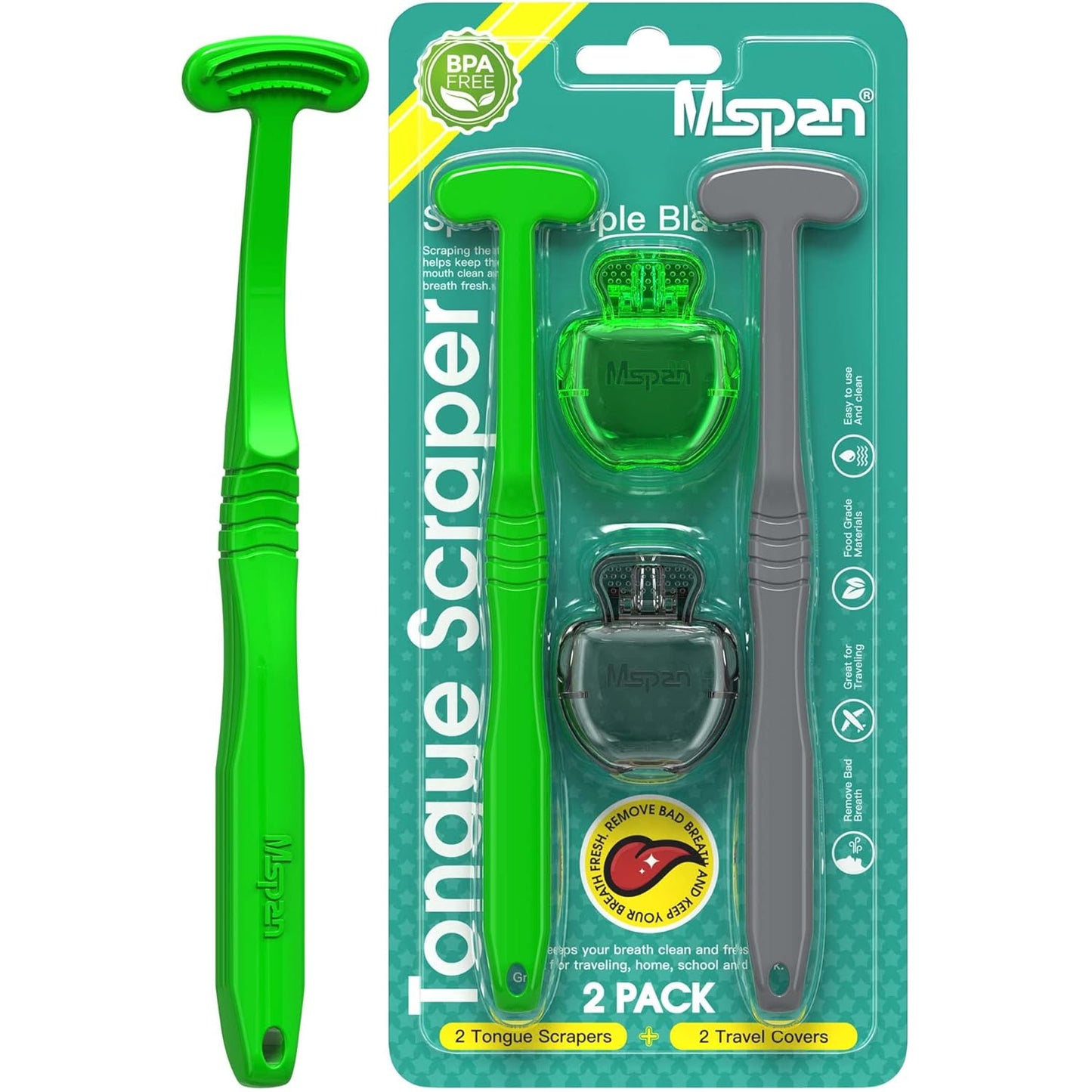 Mspan Tongue Scraper for Adults & Kids: Tongue Cleaner Brush Dental Clean Care Kit with Plastic Travel Case Cover - Oral Hygiene Fresh Breath Green Grey 2 Pack