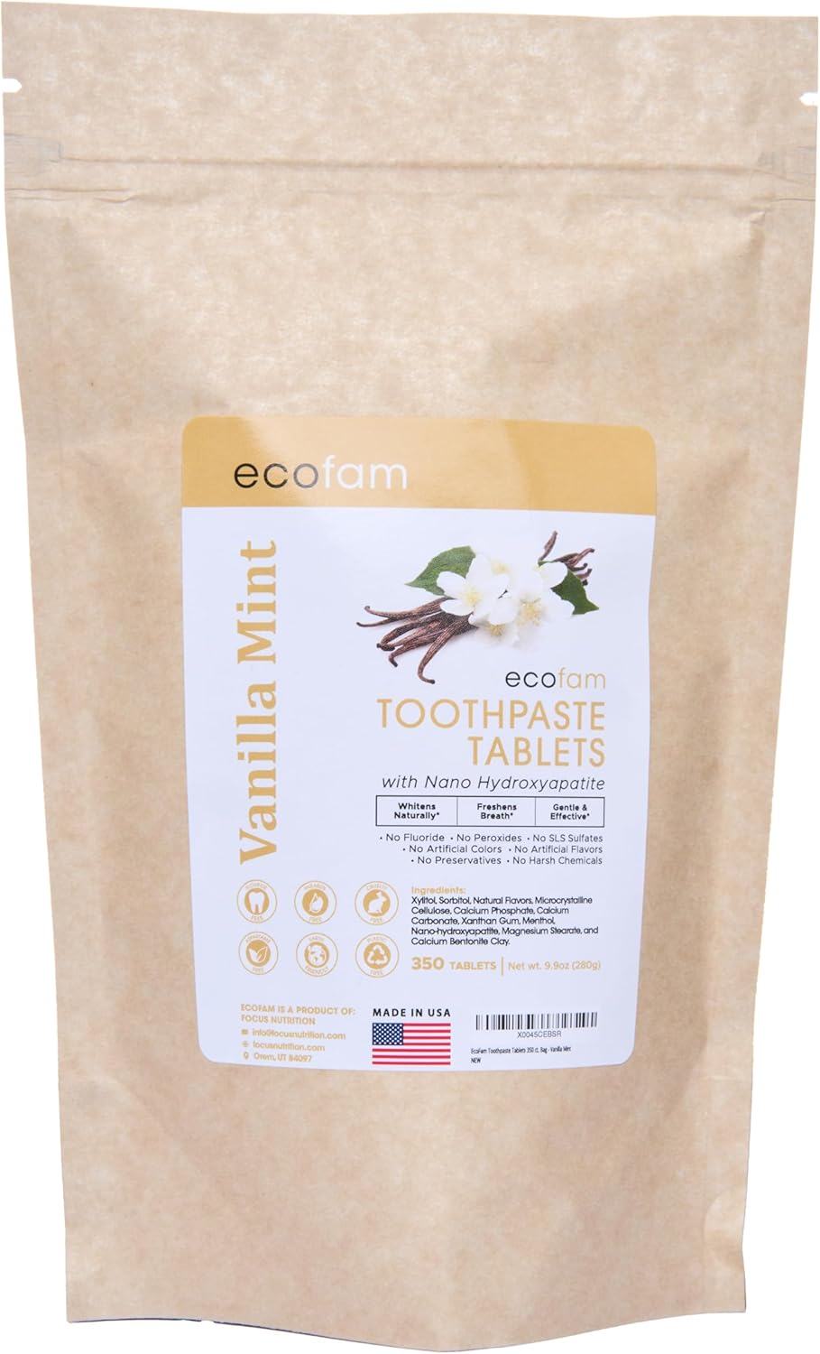 Toothpaste Tablets – Vanilla Mint | Nano Hydroxyapatite Toothpaste Tablets Chewable | Fluoride Free l 350 Tabs