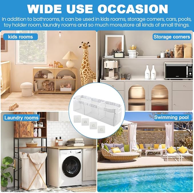 JIANWEI Bath Toy Organizer, 3 Compartment Bathtub Toy Storage Bag, Quick Access Bath Toy Holder with 4 Hooks, Mesh Shower Caddy Practical Supplies for Toy Organizer and Sorting(White)