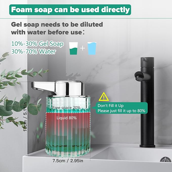 Automatic Soap Dispenser Foam for Bathroom: 8 OZ Glass Touchless Clear Auto Foaming Soap Dispenser for Kitchen - Hand Dish Lotion Home Countertop Kids - Family Couple