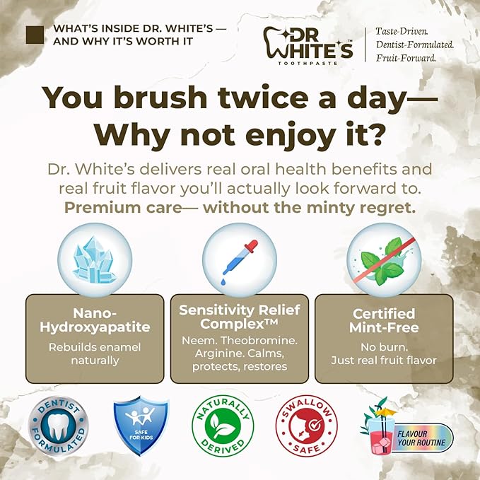 Dr. White’s Fluoride-Free nHA Toothpaste; Dentist-Formulated, Nano Hydroxyapatite + Xylitol, Sensitivity Relief Complex™, Mint-Free, Enamel Safe, Swallow-Safe (3.5 Oz, Coconut Chill)