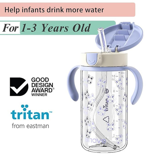 Evorie Tritan Spill Proof Toddler Straw Sippy Cup, 10 oz for Baby and Toddlers 1-3 Years Old, No Spill Straw Water Bottle with Removable Handles, Ideal for School, BPA-Free, Blue Rabbit