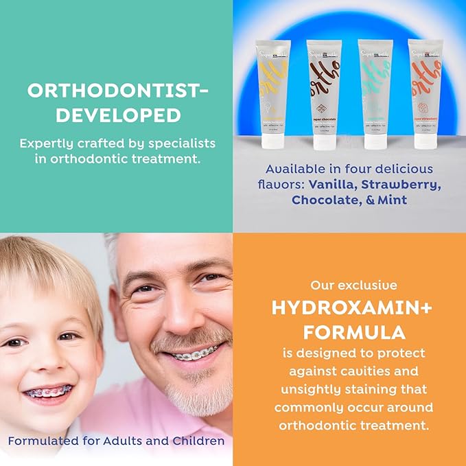 SuperMouth Ortho Toothpaste – for Braces & Aligners, Fluoride + Nano Hydroxyapatite, Adults & Kids, Fights Cavities & Decalcifications, Orthodontist-Developed, Safe Clean Ingredients, 4 Tasty Flavors