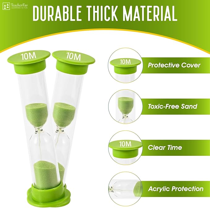 Sand Timer for Kids - 10 Minute Set of 4 Hour Glass - Green Color- Acrylic Covered for Classroom, Home & Kids Room