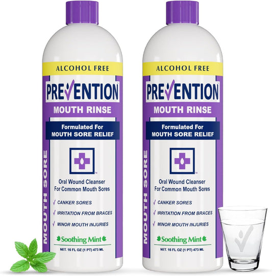 Prevention Mouth Sore Mouth Rinse, Canker Sore Treatment, Oral Pain Relief Mouthwash for Ulcers and Sores, Braces, with Hydrogen Peroxide, Alcohol-Free, Fluoride Free, 16 oz, Soothing Mint, 2 Pack