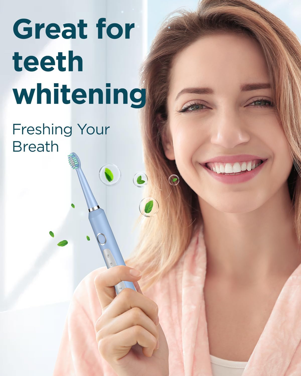 Rtauys Rechargeable Sonic Electric Toothbrush for Adults with 8 Heads, Travel Case, Whitening - Light Blue