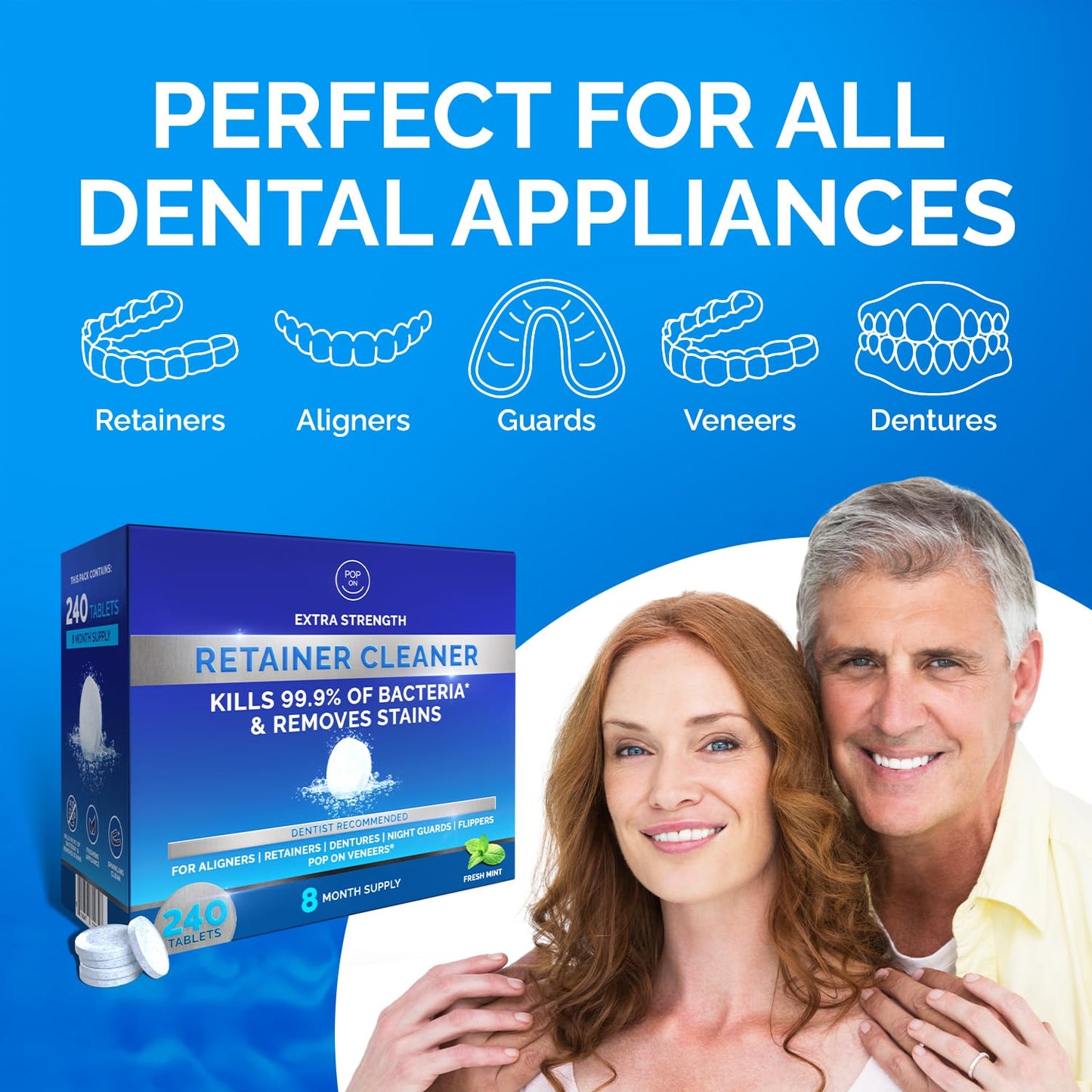 Retainer Cleaner Tablets for Invisalign Approved for Ultrasonic Cleaners -240 Denture Cleaning Tablets for Aligners, Night Guard, Mouth Guard - Denture Cleaner Tablets 8-Month Supply