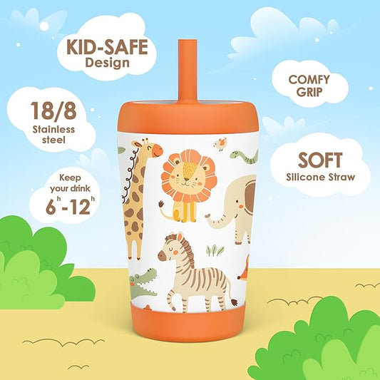 Kid Insulated Stainless Steel Tumbler with Silicone Straw, 12oz Sippy Cup for Kids (Jungle Animals)