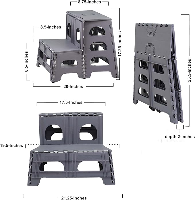 Bee Neat Folding 2 Step Stool for Adults, Kids, Toddlers - Collapsible & Foldable Step Ladder for Kitchen, Bathroom or Bedroom - Non-Slip & Wide Stepping Stool Supports 200lbs - Gray