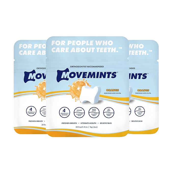 Movemints Clear Aligner Mints - Patented, Edible Alternative to Chewies - Freshen Breath and Improve Dry Mouth with Xylitol - Orange (3 Pack)