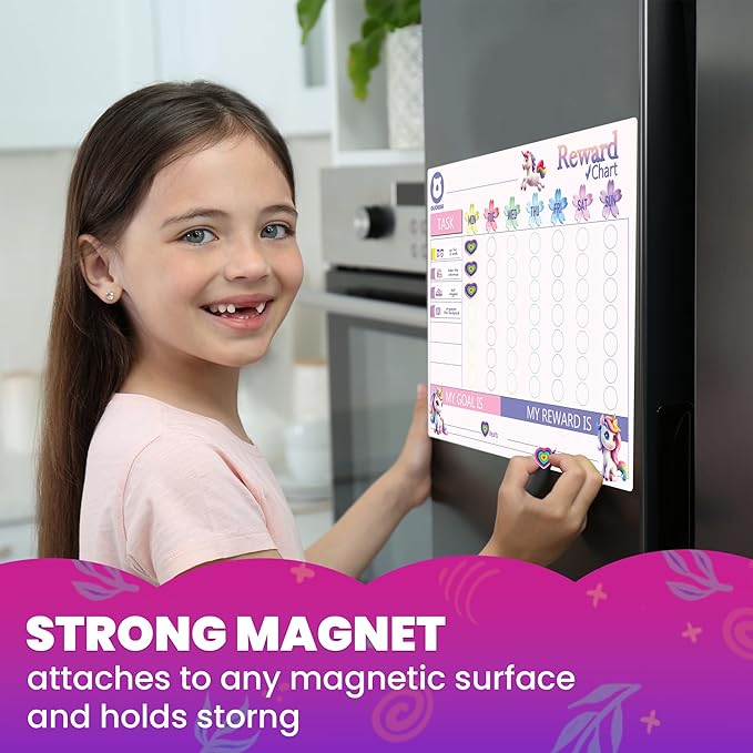 QUOKKA Magnetic Kids Chore Chart - Behavior Chore Chart for Kids at Home - Pink Reward Visual Schedule - Dry and Erase Routine Responsibility - Use 99 Magnets Markers Stickers - from Toddlers to Teens