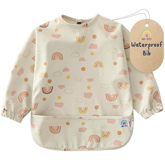 ARI MES Long Sleeves Waterproof Baby Bibs for Eating - Rainbow, Small - Wearable, Coverall for Toddler, Long Sleeve Bib, Smock Apron for Feeding - Applicable for 6-72 Months