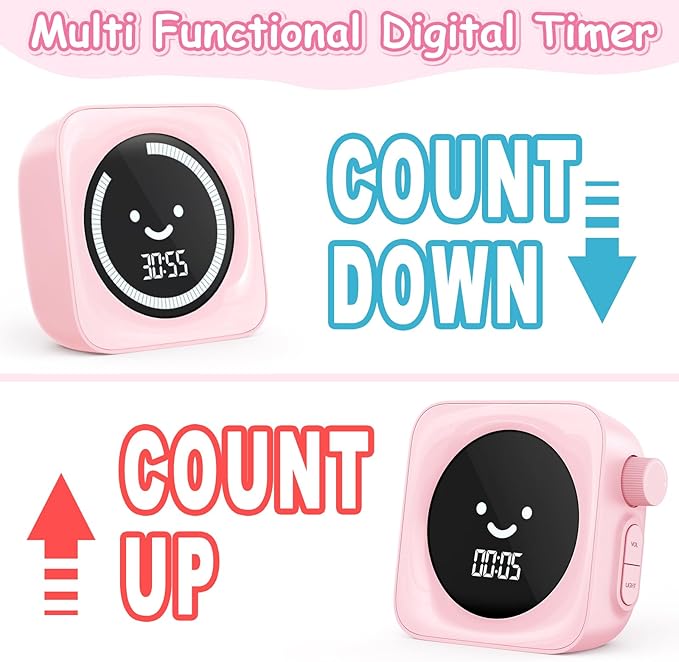 Visual Timer for Kids, 99 Minute Digital Cute Kids Visual Timer Classroom Timer for Homeschool Supplies Study Teaching Time Management Tool Countdown Count Up Timer, Pink