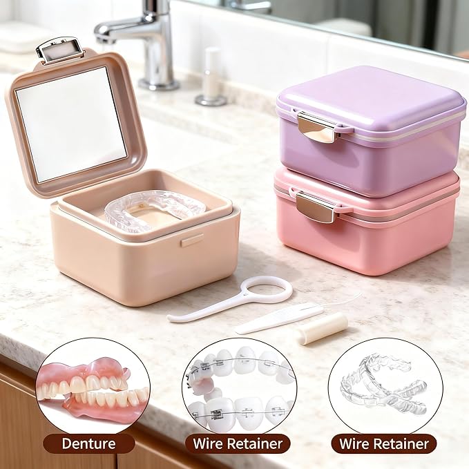 Denture Case Kit, Retainer Cleaning Case False Teeth, Retainer Cleaning Denture Bath Cup with Mirror Use in Denture Bridges, Denture Soaking Container, Traditional Braces for Travel （Pink）