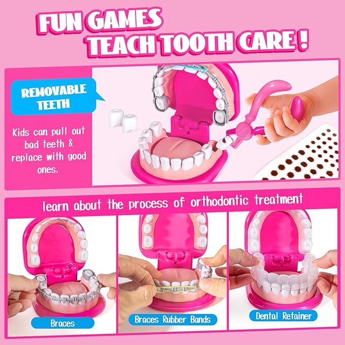 ULOVEME Kids Dentist Play Set Pink with Braces /Removable Teeth /Retainer - Doctor Kit for Toddlers 3-5 - Educational Toys for 4+ Year Old Girls - Pretend Play Toy for Ages 5-7 (Fushia)