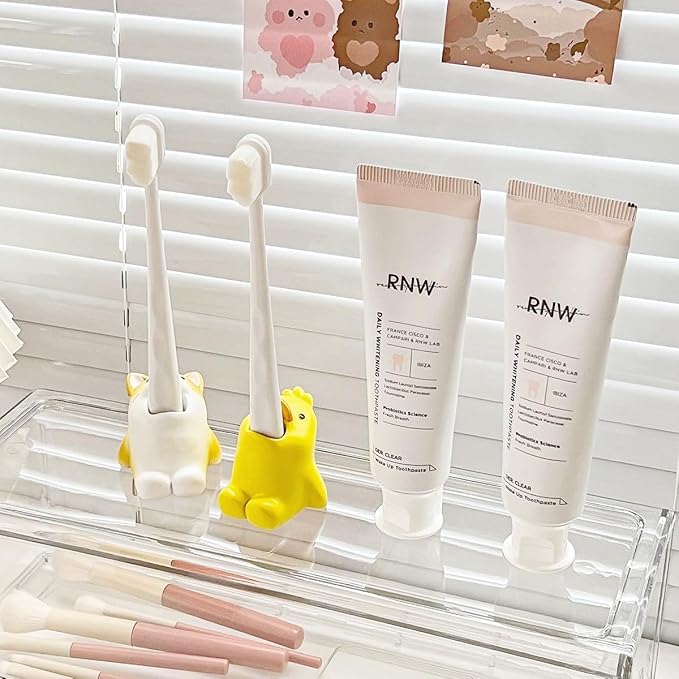 Cartoon Animal Toothbrush Holder Stand - Adorable Bathroom Organizer with Animal-Shaped Base, Cute Toothbrush Storage for Kids & Family, Drip-Free Countertop/Sink Organizer for Bathroom Decor (Grey)