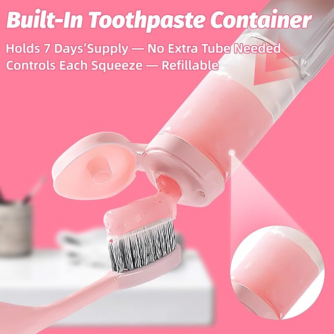 Travel Toothbrush with Built-in Toothpaste Container, Foldable Toothbrush with 2 Soft Brush Head, Portable Reusable Toothbrushes for Business Trips, Camping, Travel Size (Pink)