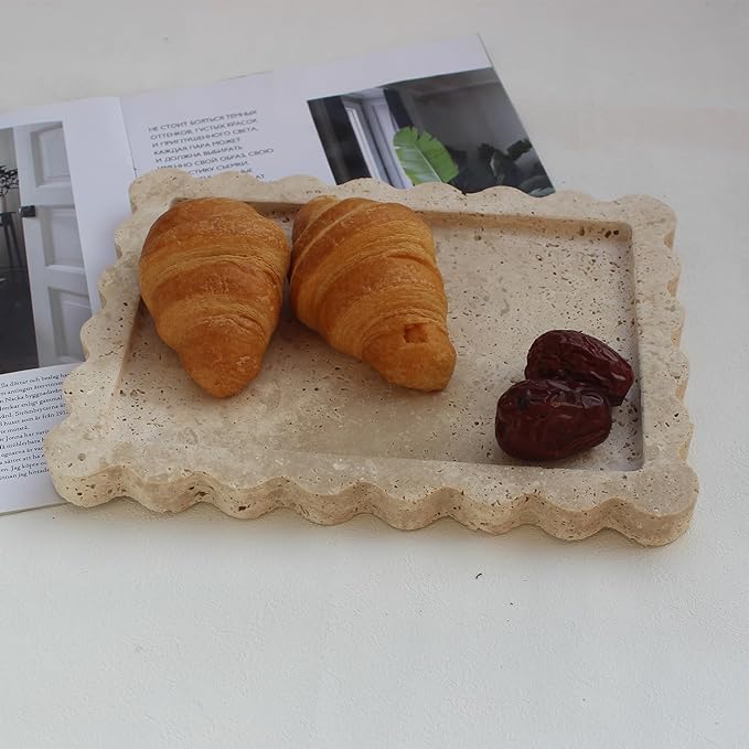 Natural Luxury Scalloped Marble Tray 10.8"x8", Rectangle Vanity Tray for Bathroom Kitchen Counter, Decorative Tray for Dresser Home Decor - Beige Travertine