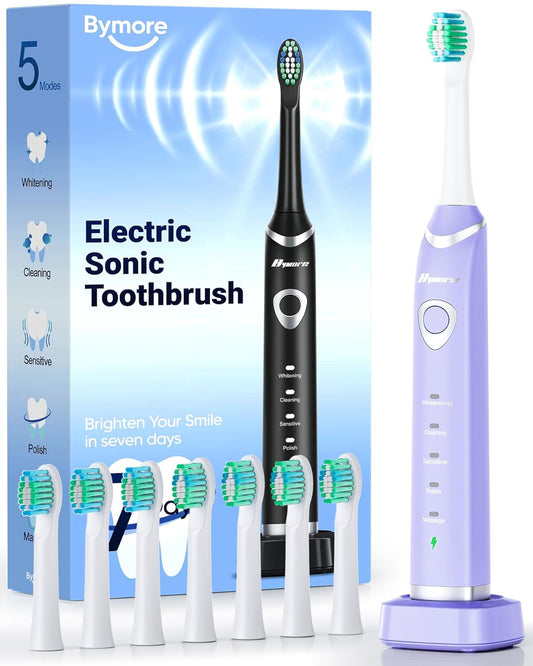 Bymore Electric Toothbrush for Adults,Travel Sonic Toothbrush with 8 Replacement Heads, Ultra Clean RechargeableToothbrush Portable One Charge for 330days 5 Modes 2mins Timer-Purple