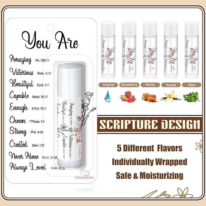 25 Pack Christian Religious Gifts Bulk Bible Verse Lip Balms 5 Flavor for Women Men Christian Religious Church Party Favors with Scripture Inspirational Gifts for Coworkers Staff (Classic)