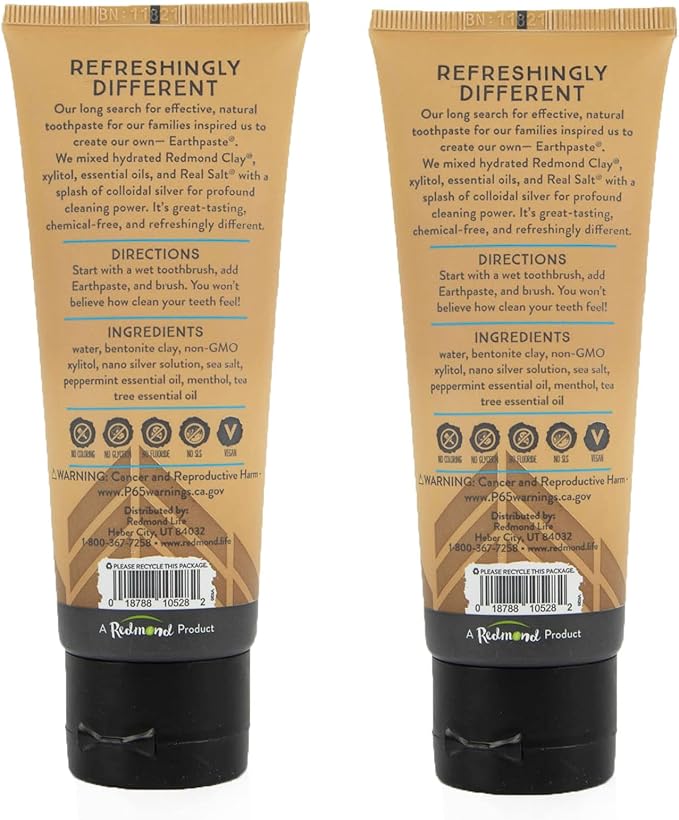 Redmond Earthpaste w/Silver – Natural Non-Fluoride Toothpaste, 2 Pack (Peppermint)