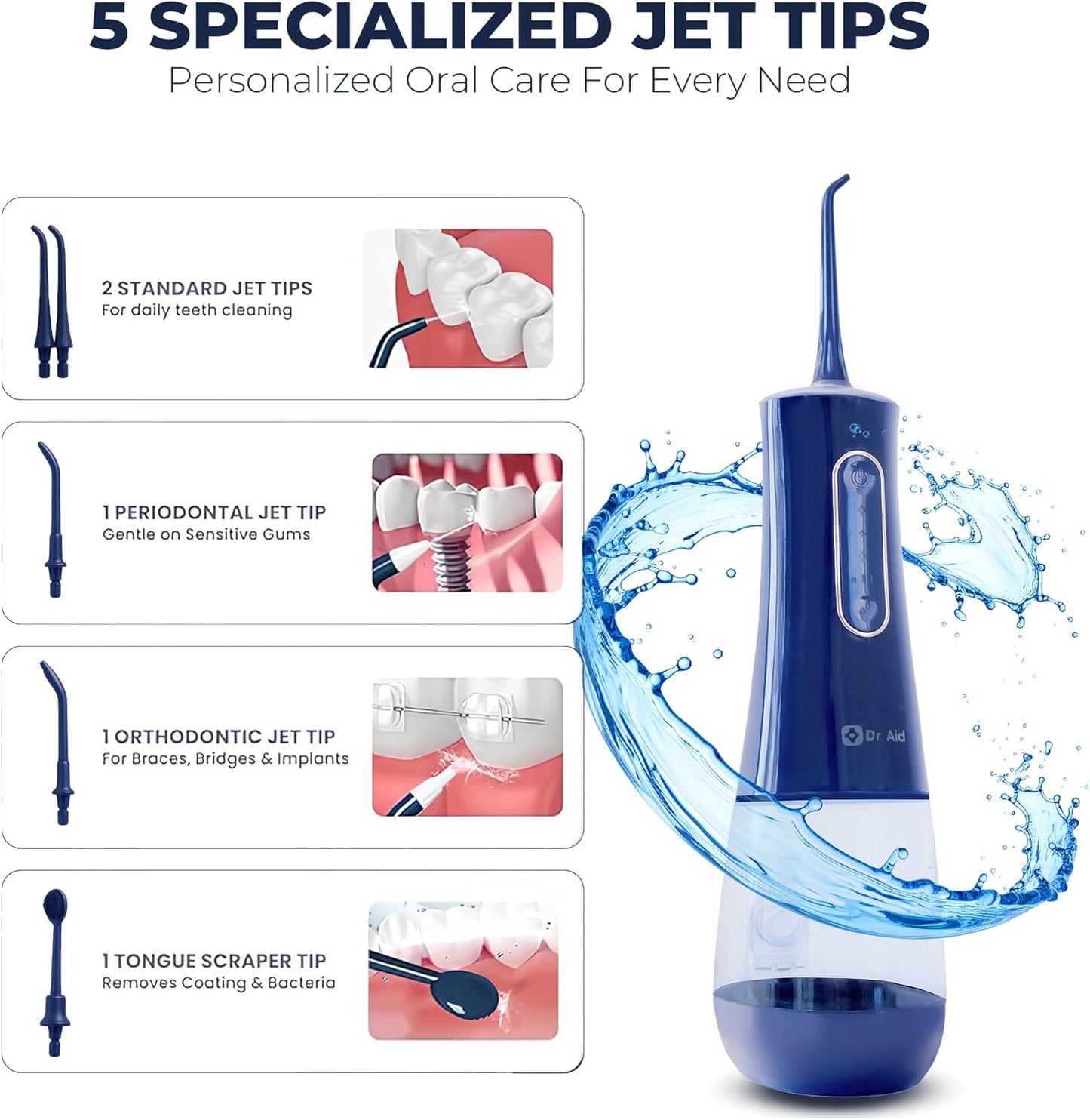 Dr. Aid Dental Water Flosser – Portable Oral Irrigator – 12Oz Tank, Water Filter, 5 Tips, Type C Charger – IPX8 Waterproof Cordless Water Flosser, Ideal Water Flossers for Teeth, Gums, Braces (Blue)