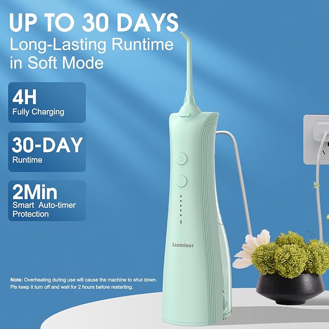 Leominor Water Dental Flosser - 5 Modes Cordless Portable Oral Irrigator, IPX7 Waterproof, Rechargeable Teeth Cleaner Upgrade Datchable Tank Professional Flossing Cleaning Pick for Home Travel(Green)