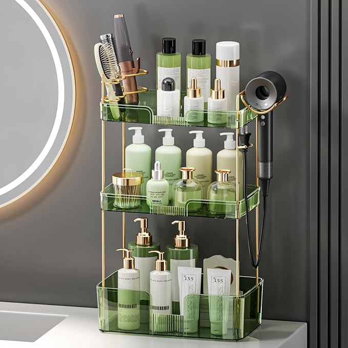 3 Tier Glam Bathroom Counter Organizer with Hair Dryer Holder, Cosmetics & Skincare Shelf, Makeup Organizer, Perfume Tray (Green)