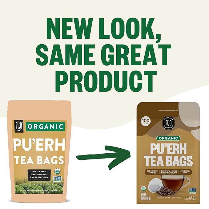 FGO Organic Pu'erh Tea, 100 Count, Eco-Conscious Black Tea Bags, Resealable Bag, Packaging May Vary (Pack of 1)
