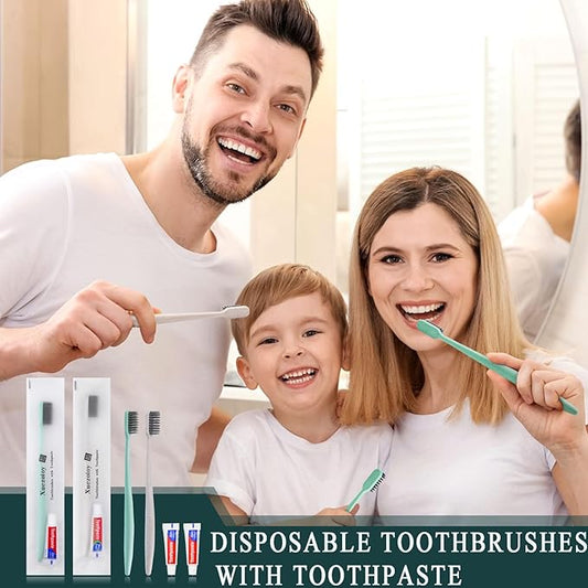 Disposable Toothbrushes with Toothpaste,100 Pack Individually Wrapped Disposable Travel Toothbrushes Kit in Bulk for Homeless,Nursing Home,Hotel,Charity (Apricot+Green)