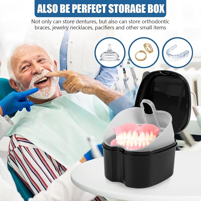 2 Pack Colors Denture Bath Case Cup Box Holder Storage Soak Container with Strainer Basket for Travel Cleaning (Light Blue and Black)