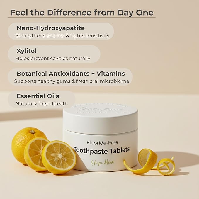 Citrus Yuzu Mint Fluoride-Free Toothpaste Tablets with Nano Hydroxyapatite | Natural Whitening, Enamel Strengthening, Plastic-Free & Travel-Friendly (4 Month Refill)